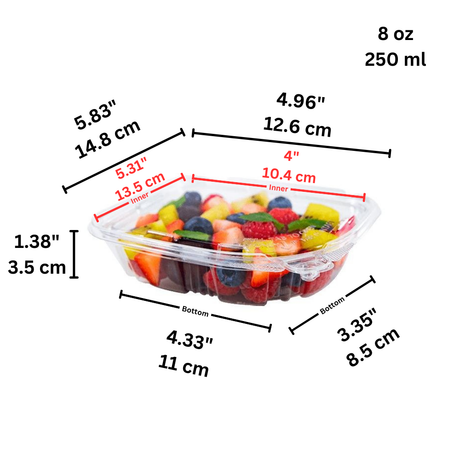 PLS-08 | 8oz PET Clear Rectangular Hinged Safety Lock Salad Container - size