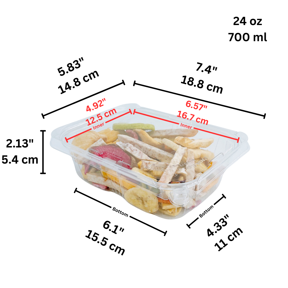 PLS-24 | 24oz PET Clear Rectangular Hinged Safety Lock Salad Container - size