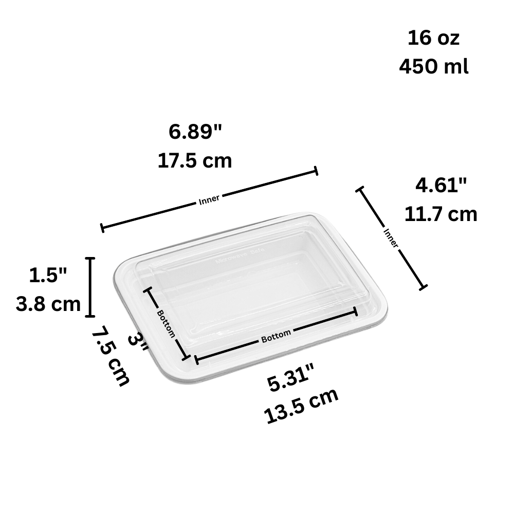 RE-16 | HD 16oz Microwaveable PP White Rectangular Container W/ Lid - size