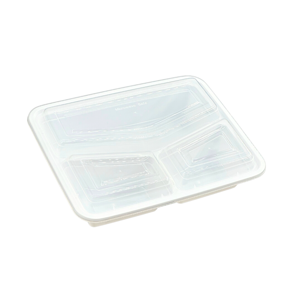 RE-342 | HD 42oz PP White Rectangular Container W/ Lid | 3 Compartment - 150 Sets