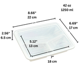 RE-342 | HD 42oz PP White Rectangular Container W/ Lid | 3 Compartment - size