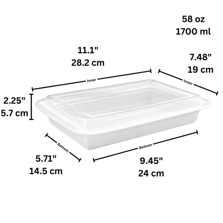 RE-58 | HD 58oz Microwaveable PP White Rectangular Container W/ Lid - size