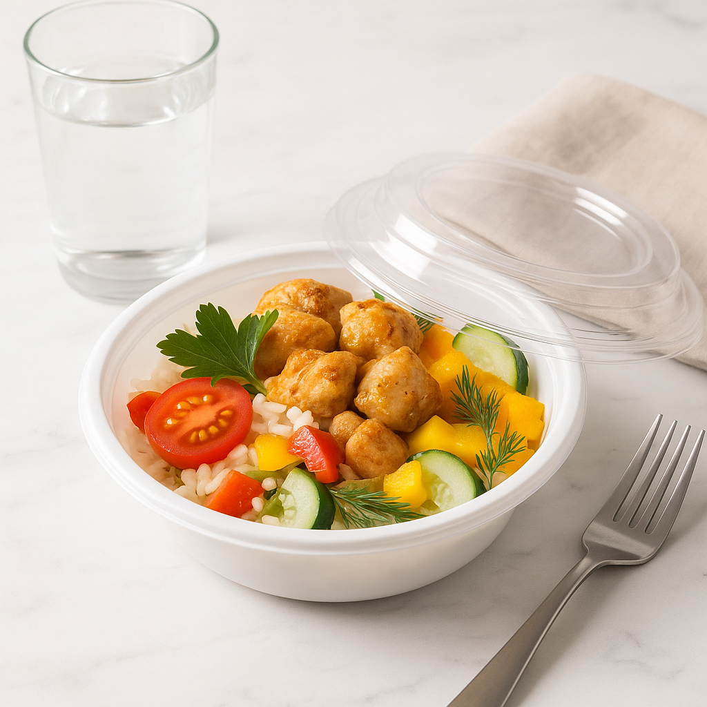 RO-16 | HD 16oz Microwaveable PP White Round Container W/ Lid and takeout food
