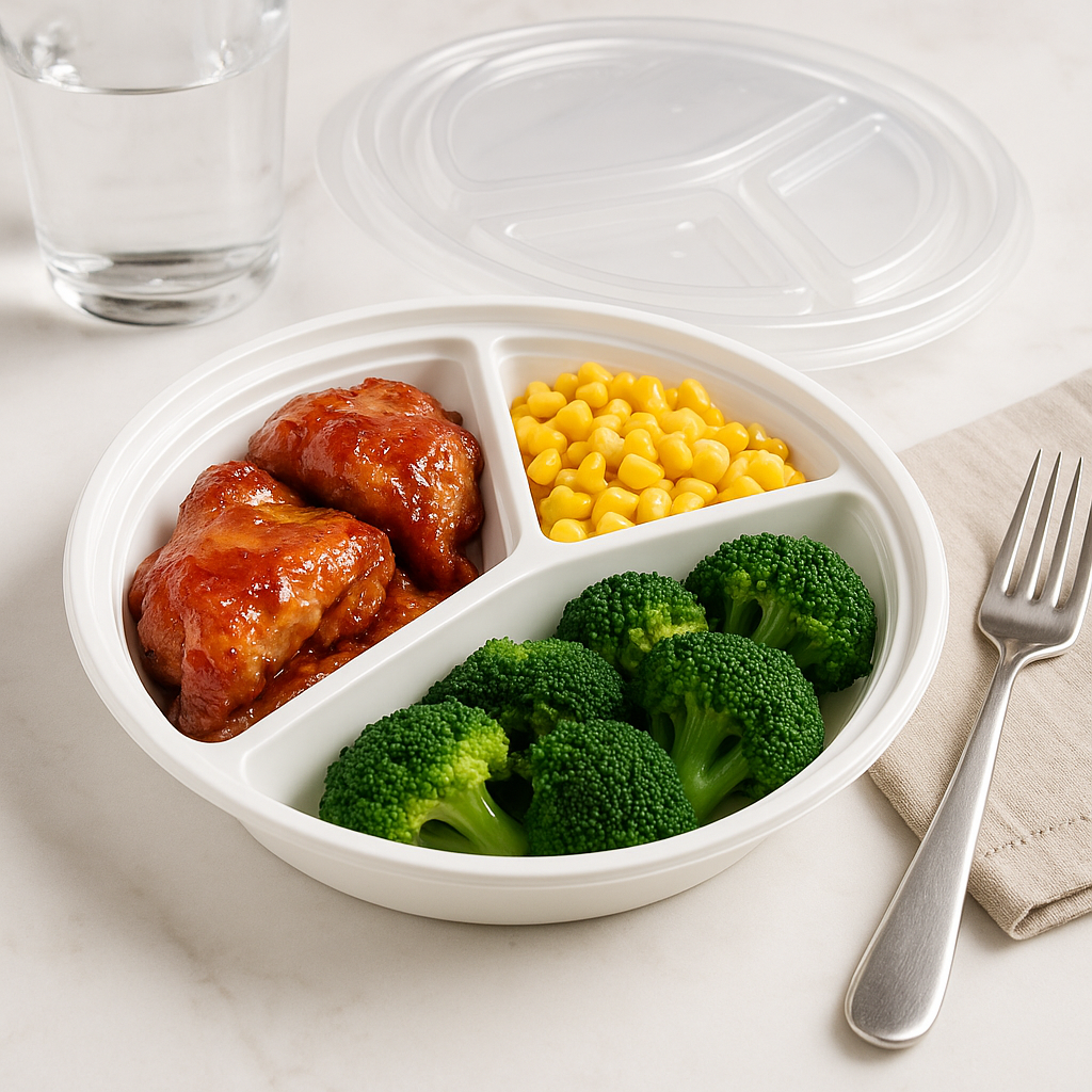 RO-348 | HD 48oz PP White Round Container W/ Lid | 3 Compartment