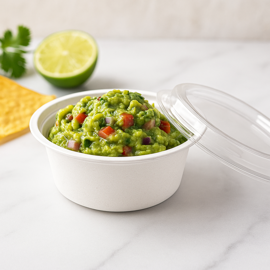 RO-40 | HD 40oz Microwaveable PP White Round Container W/ Vent Lid with guacamole