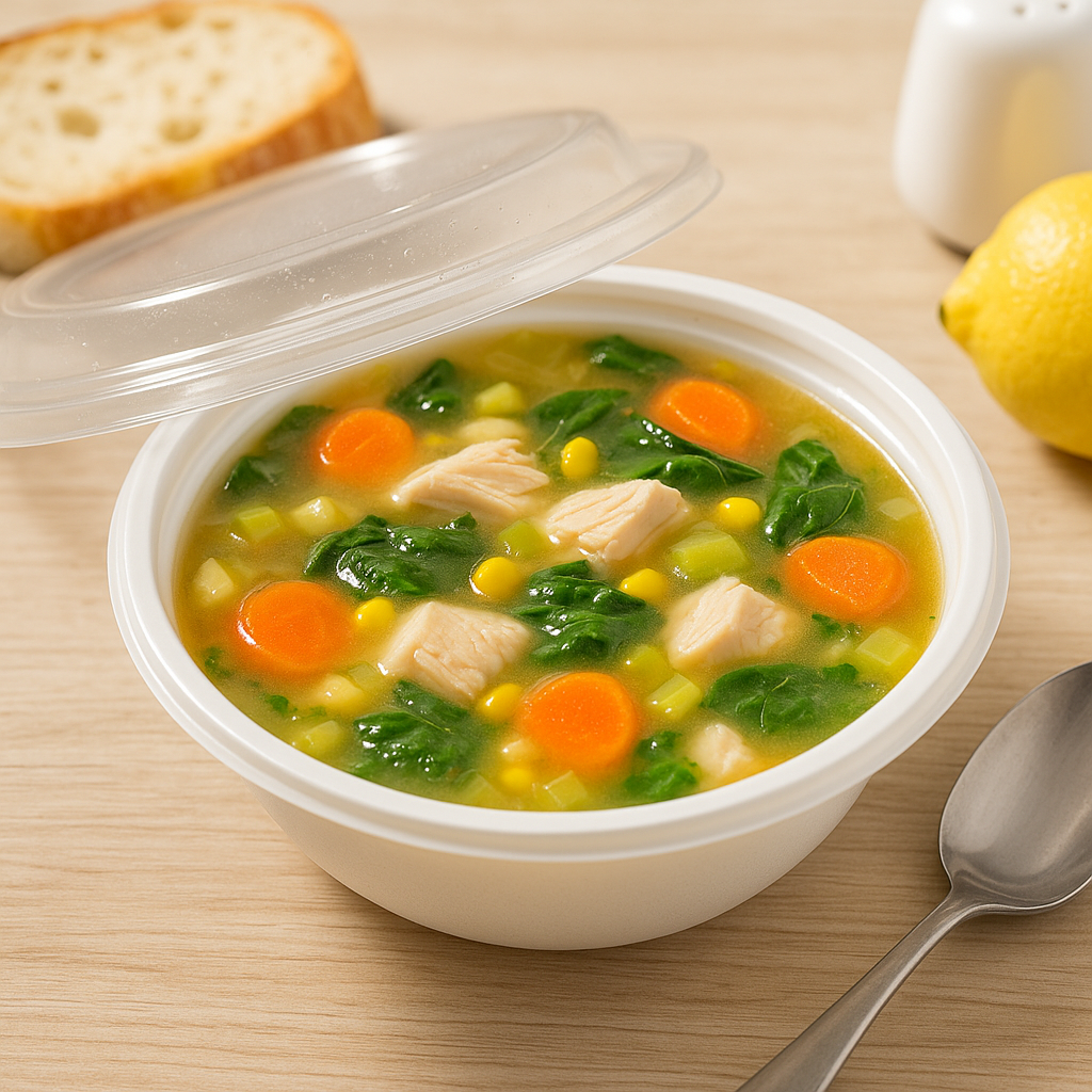 RO-48 | HD 48oz Microwaveable PP White Round Container W/ Lid with soup