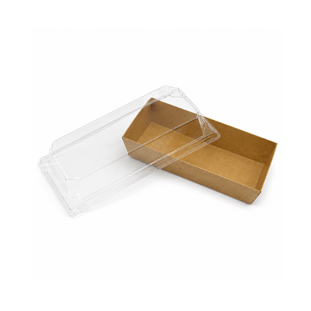 Rectangular PE-Coated Kraft Paper Box W/ Clear PET Lid | 7.5x3.4x2.56" (200 Pcs/Case) - open