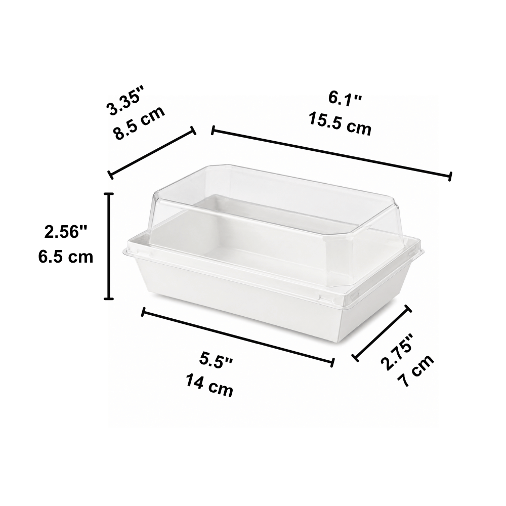 Rectangular White Paper Cake Box W/ PET Lid | 6.1x3.35x2.56" - size