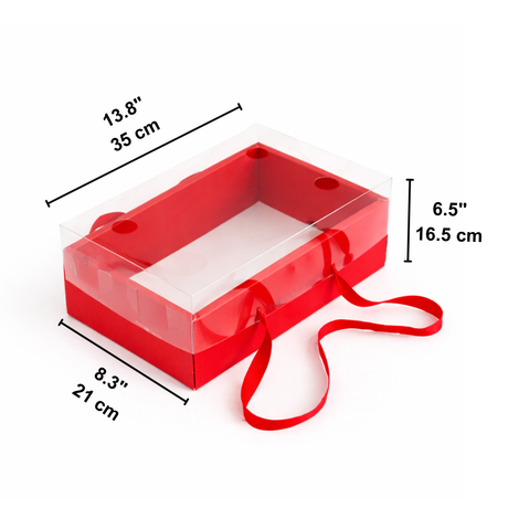Red Corrugated Gift Box W/ Clear Lid & Large 3D Bow | 13.8x8.3x6.5" - BOX SIZE
