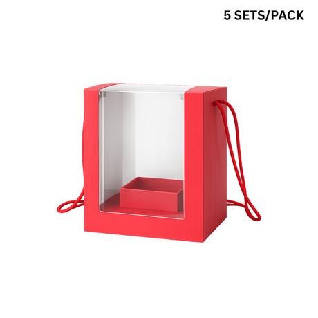 Red Floral Window Box W/ Handles | Gift Packaging | 7.85x7.85x9.85" - 5 SETS