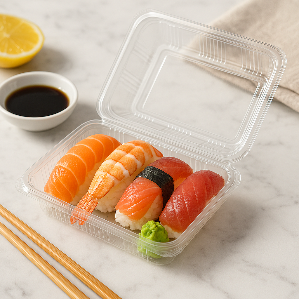 SSC-5B | Clear PET Rectangular Hinged Sushi Container | 7.8x5.3x2"