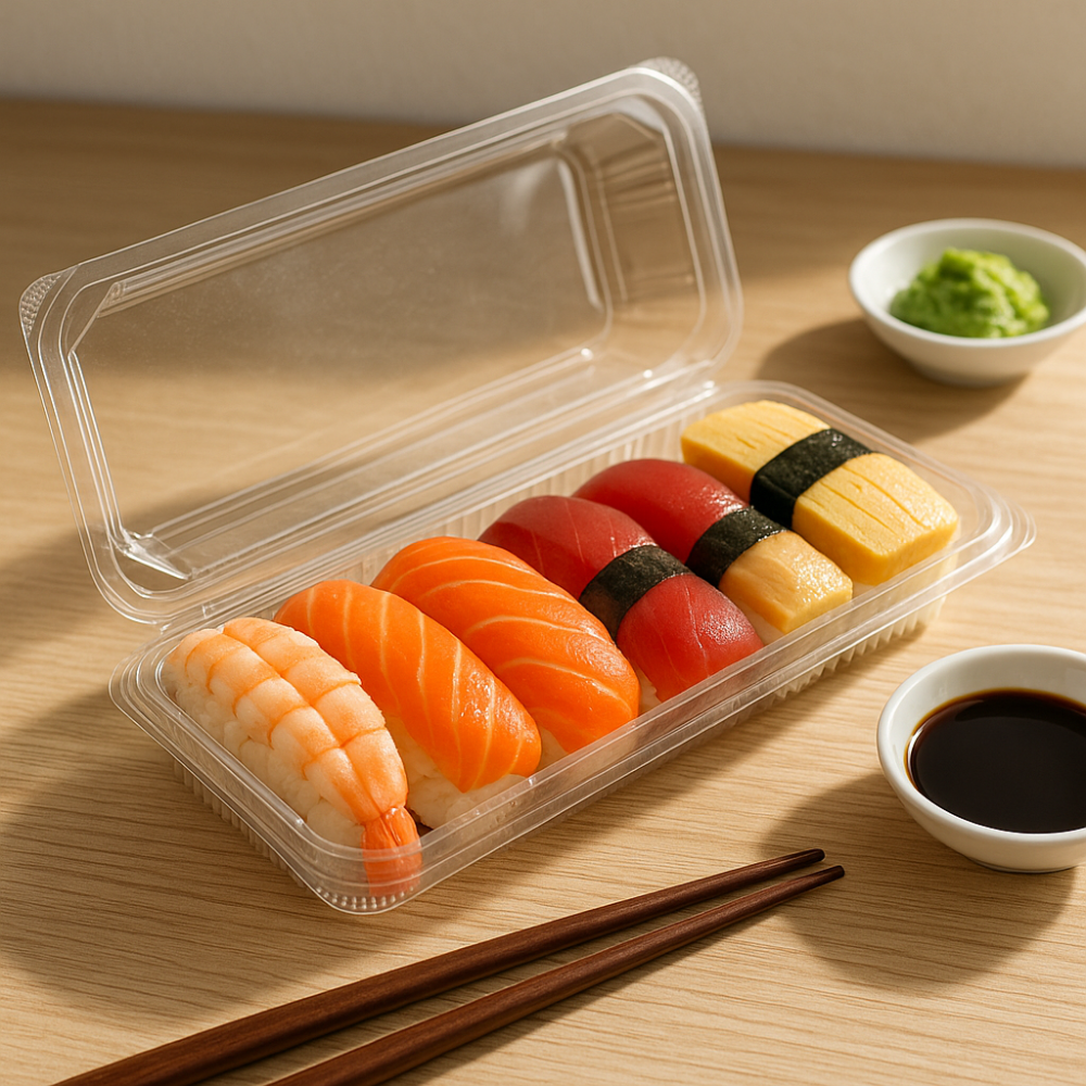 SSC-6B | Clear PET Rectangular Hinged Sushi Container | 8.9x3.78x2" with sushi