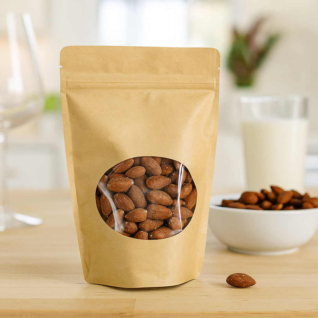 SZ04-NKW | 4oz Stand-up Zip-lock Kraft Paper Pouch W/ Oval Window | 5.12x1.5x8.1" with almonds