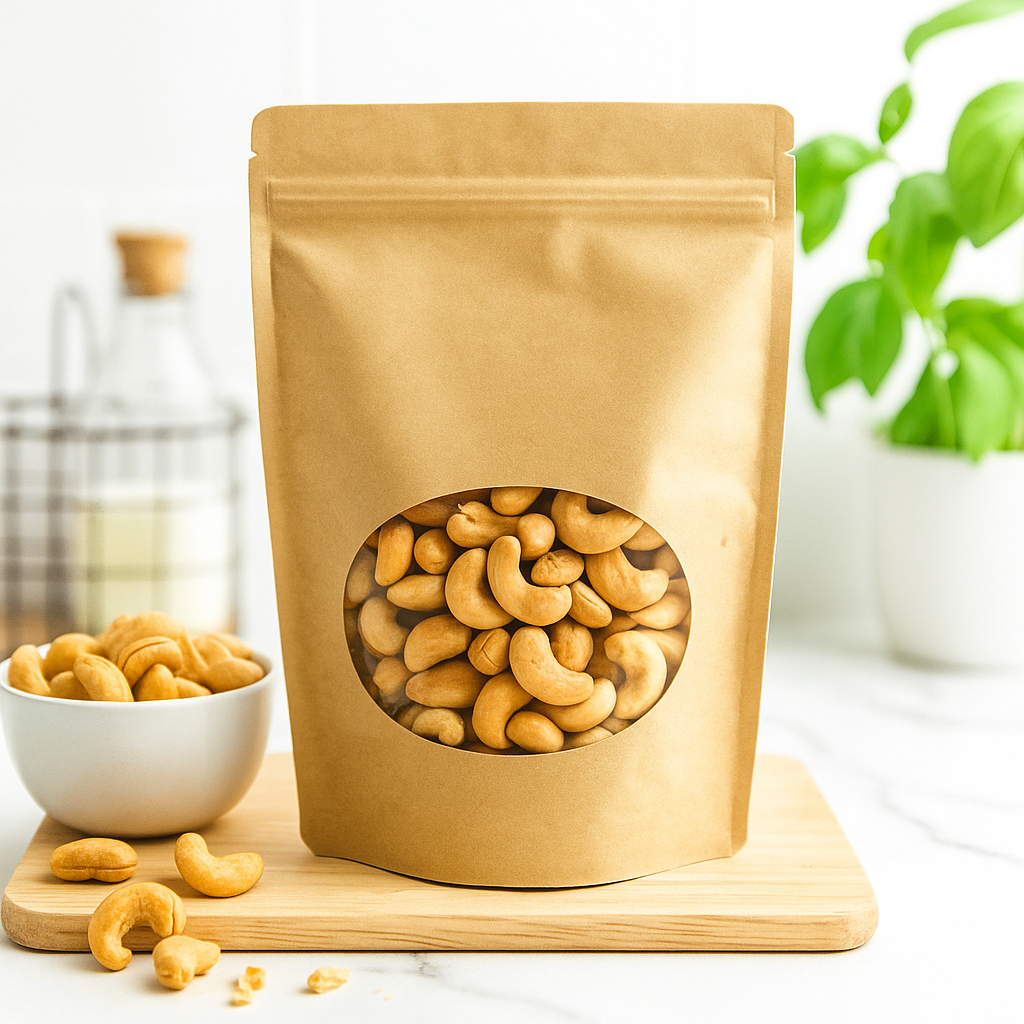 SZ1P-NKW | 1lb Stand-up Zip-lock Kraft Paper Pouch W/ Oval Window | 6.75x1.8x11.5" with cashews