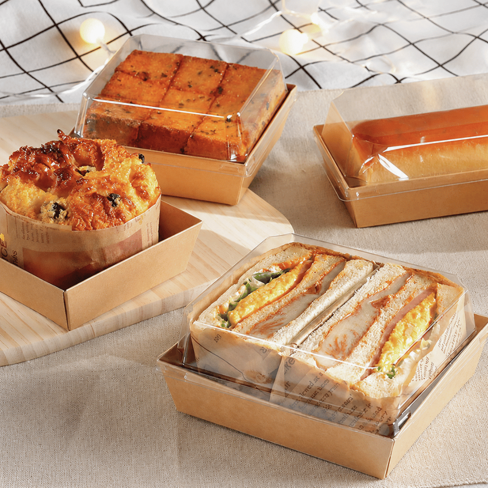 Square PE-Coated Kraft Paper Box W/ Clear PET Lid | 4.7x4.33x2.6" (200 Pcs/Case) - with food