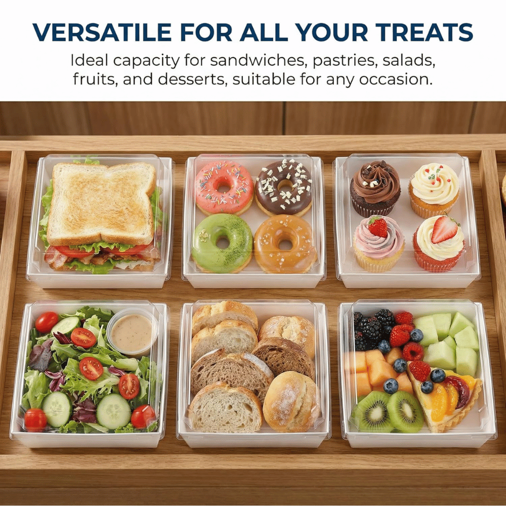 Square White Paper Cake Box W/ PET Lid | 5.5x5.12x2.56" - with food