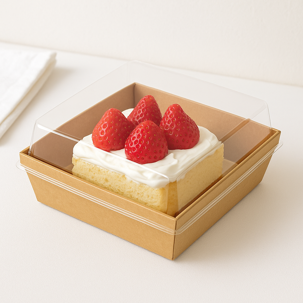 Square Kraft Paper Cake Box With PET Lid with cake inside