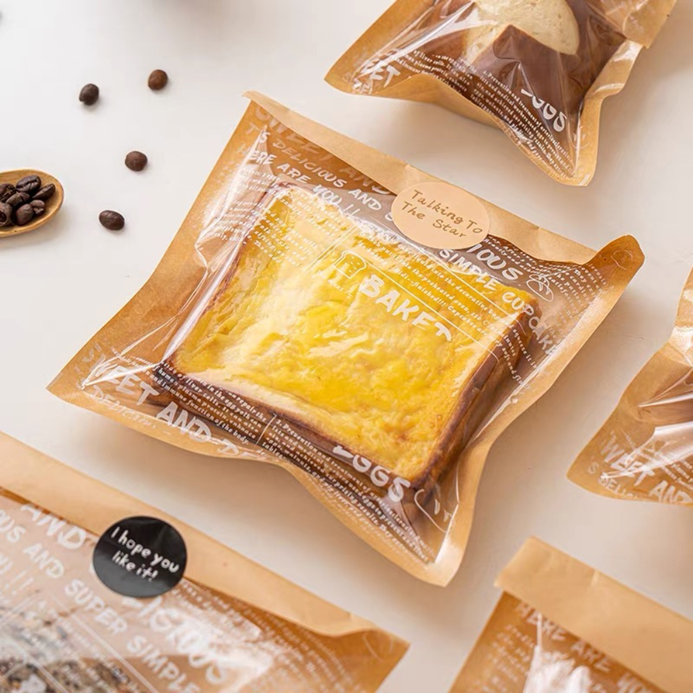Sweet and Delicious Bakery Bag Clear Front Kraft Pastry Bag | 7x7.4" - with sliced bread