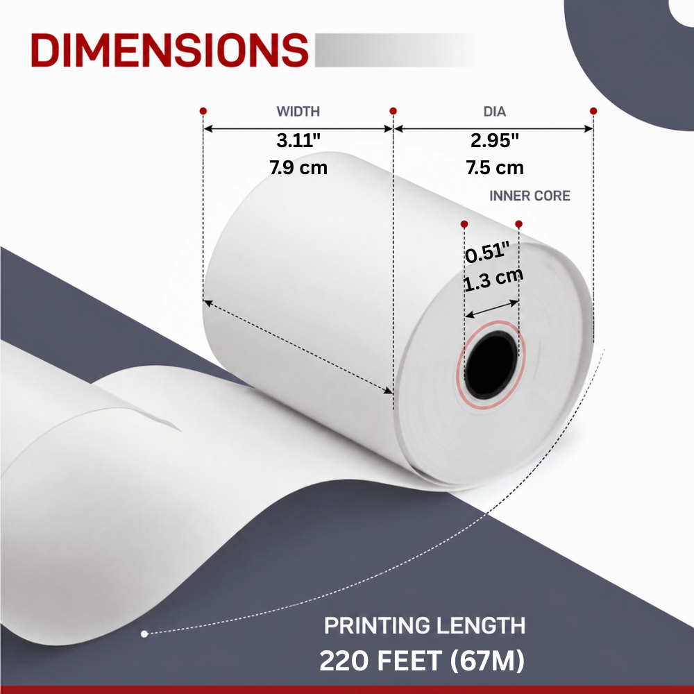 T381220 | 3 1/8" x 220' Thermal Receipt Paper Rolls - SIZE