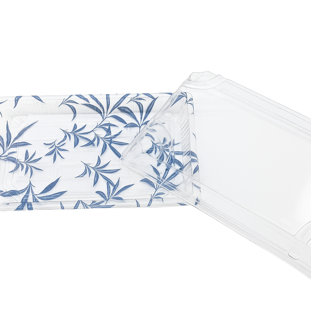WP-07 | PET Blue Maple Pattern Sushi Tray W/ Lid | 8.67x5.5x1.89" - open