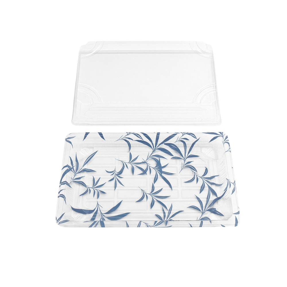 WP-07 | PET Blue Maple Pattern Sushi Tray W/ Lid | 8.67x5.5x1.89"-open top
