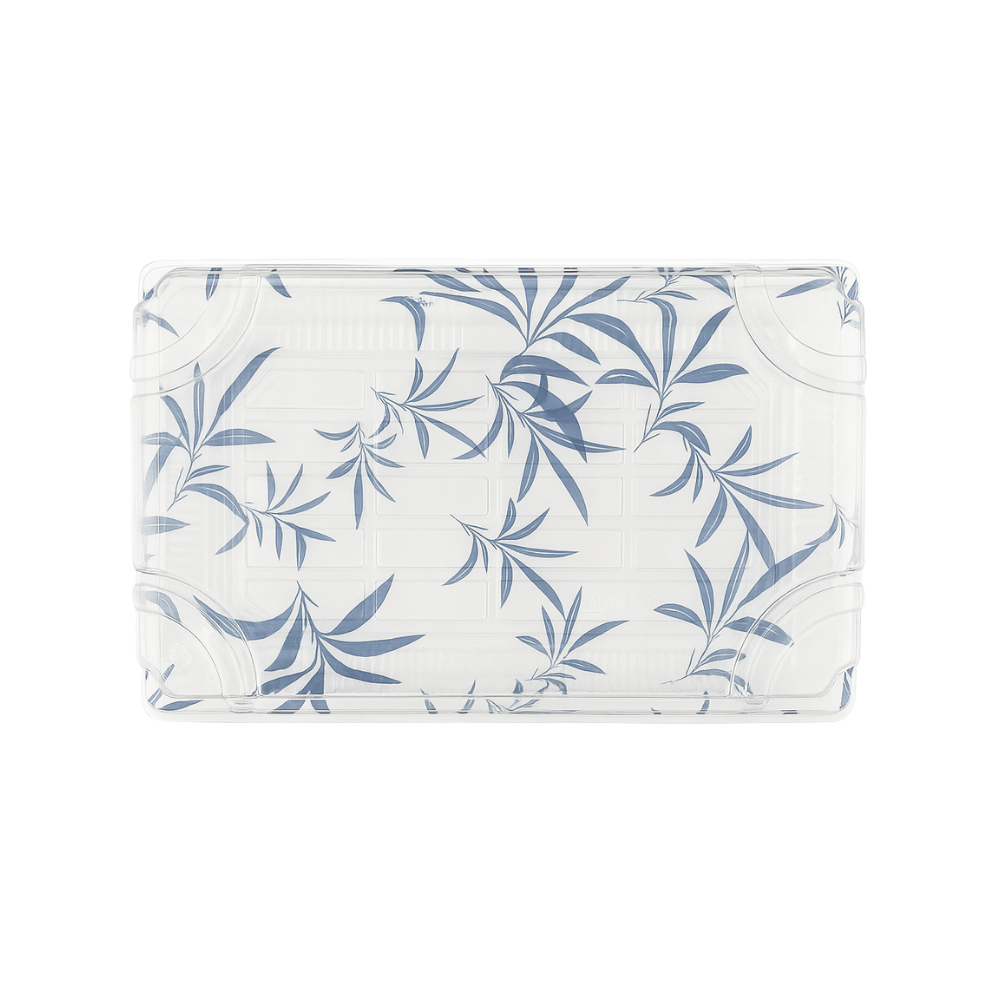WP-07 | PET Blue Maple Pattern Sushi Tray W/ Lid | 8.67x5.5x1.89"-top