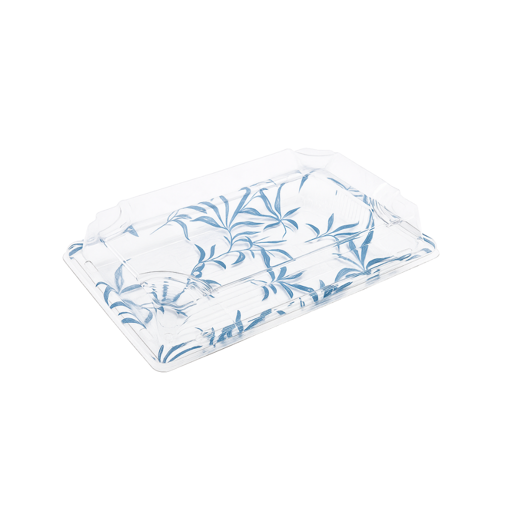 WP-07 | PET Blue Maple Pattern Sushi Tray W/ Lid | 8.67x5.5x1.89"
