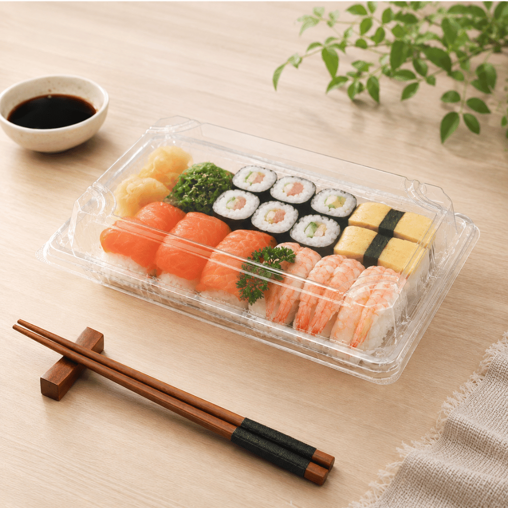 WP-09 | PET Leaf Pattern Sushi Tray W/ Lid | 9.45x5.9x1.77" - with sushi