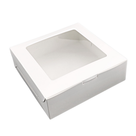 White Square Cake Paper Box Pastry Box W/ Window | 10x10x2.5" - 100 Pcs