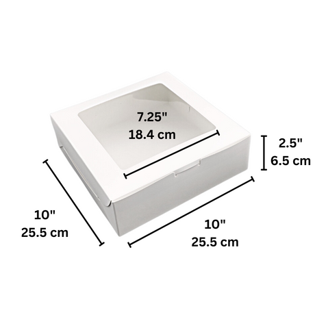 White Square Cake Paper Box Pastry Box W/ Window | 10x10x2.5" - size