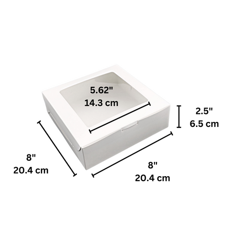 White Square Cake Paper Box Pastry Box W/ Window | 8x8x2.5" - size