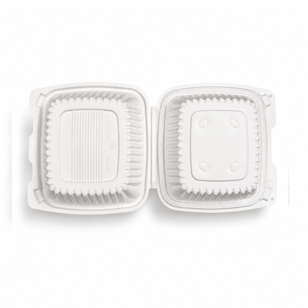XT-61 (225) | Microwavable PP Square Clamshell Container W/ Vent Hole | 6.1x6.1x3" - open bottom