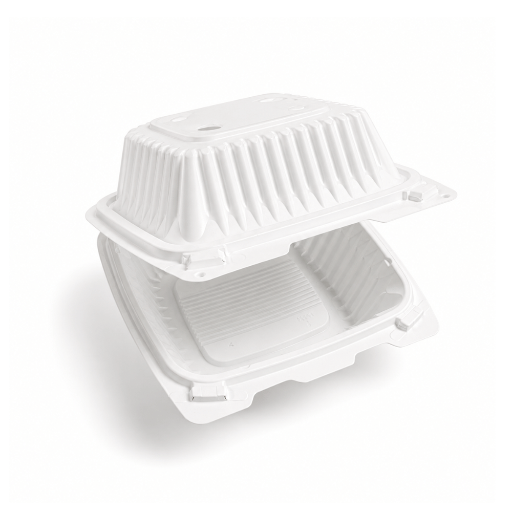 XT-61 (225) | Microwavable PP Square Clamshell Container W/ Vent Hole | 6.1x6.1x3" - open