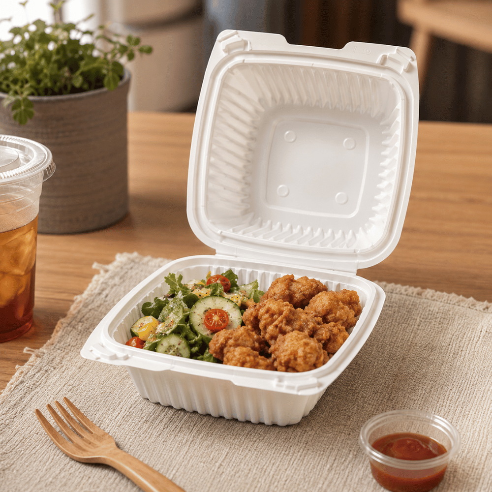 XT-61 (225) | Microwavable PP Square Clamshell Container W/ Vent Hole | 6.1x6.1x3" - with food