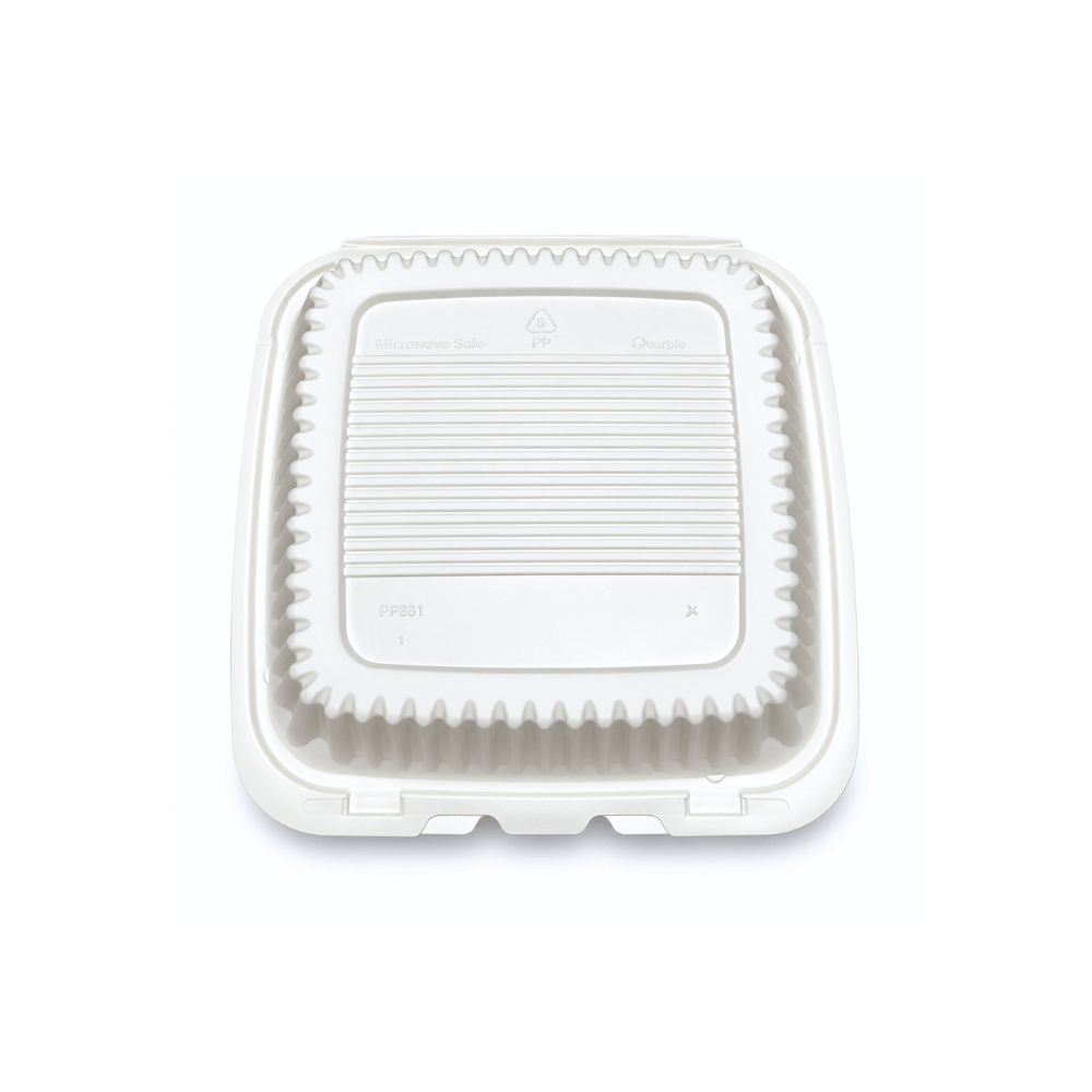 XT-81 (881) | Microwavable PP Square Clamshell Container W/ Vent Hole | 8x8x3" - bottom