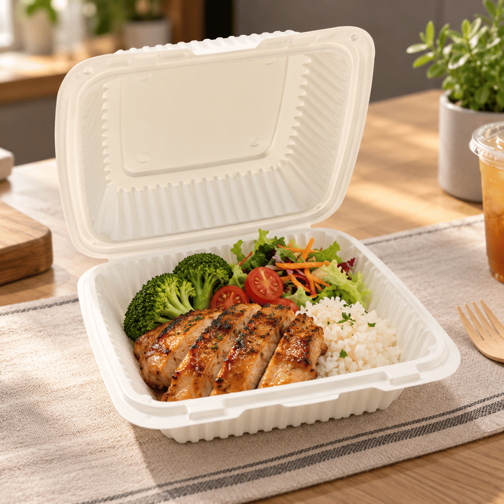 XT-81 (881) | Microwavable PP Square Clamshell Container W/ Vent Hole | 8x8x3" - with food