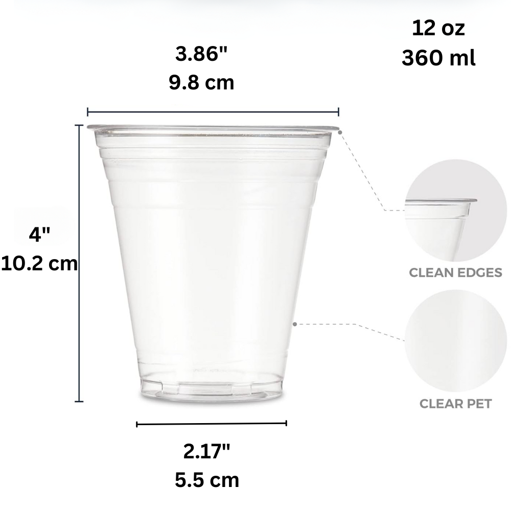 Size specifications for 12oz bubble tea clear cup showing 98mm top diameter and 350ml capacity