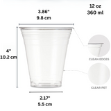 Size specifications for 12oz bubble tea clear cup showing 98mm top diameter and 350ml capacity