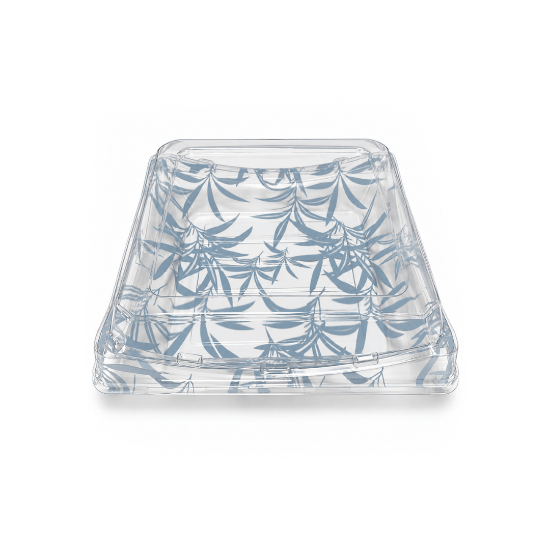XYW-40 | Blue Maple Pattern Square Sushi Container W/ Clear Lid | 7.25x7.25x2.17" - front