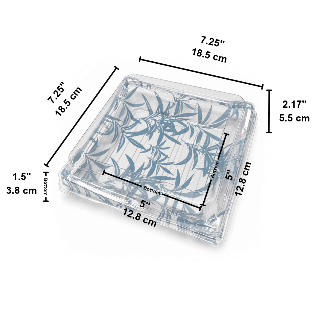 XYW-40 | Blue Maple Pattern Square Sushi Container W/ Clear Lid | 7.25x7.25x2.17" - size