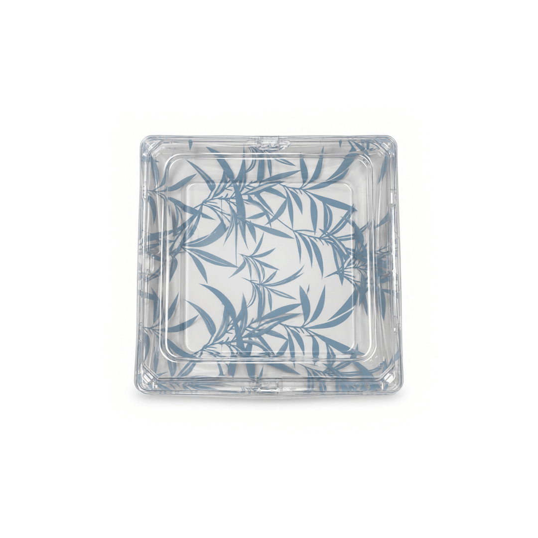 XYW-40 | Blue Maple Pattern Square Sushi Container W/ Clear Lid | 7.25x7.25x2.17" - top