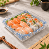 XYW-40 | Blue Maple Pattern Square Sushi Container W/ Clear Lid | 7.25x7.25x2.17" - with sushi
