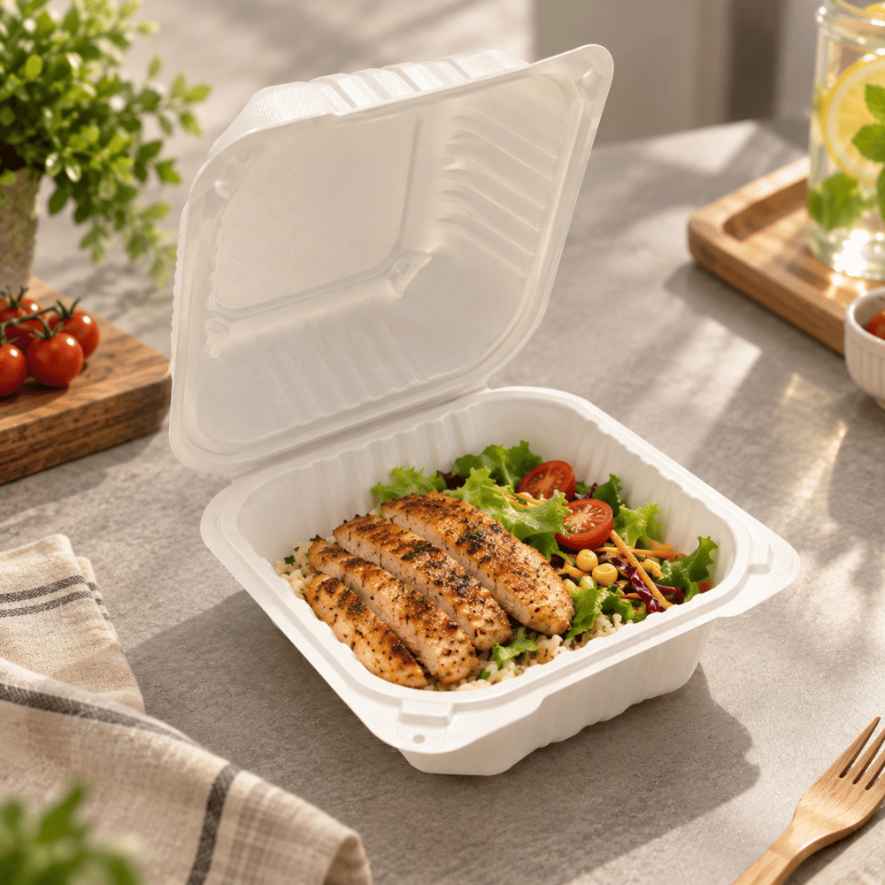 YQ-61 (225) | Microwavable PP Square Clamshell Container W/ Vent Hole | 6.1x6.1x3" - with food