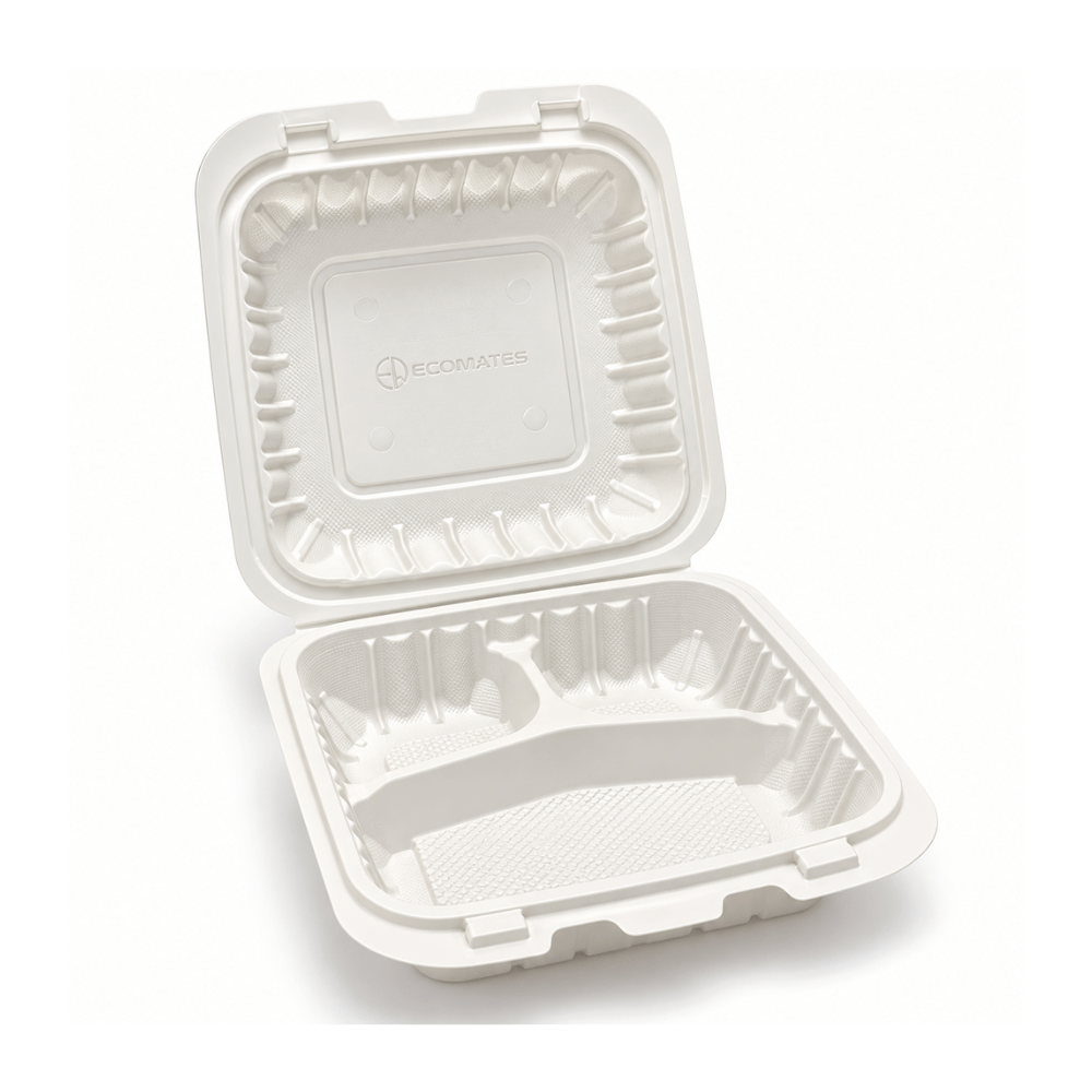 YQ-73 (703) | PP Clamshell Container W/ Vent Hole | 3 Compartment | 7.68x7.68x3" - open