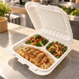 YQ-73 (703) | PP Clamshell Container W/ Vent Hole | 3 Compartment | 7.68x7.68x3" - with food