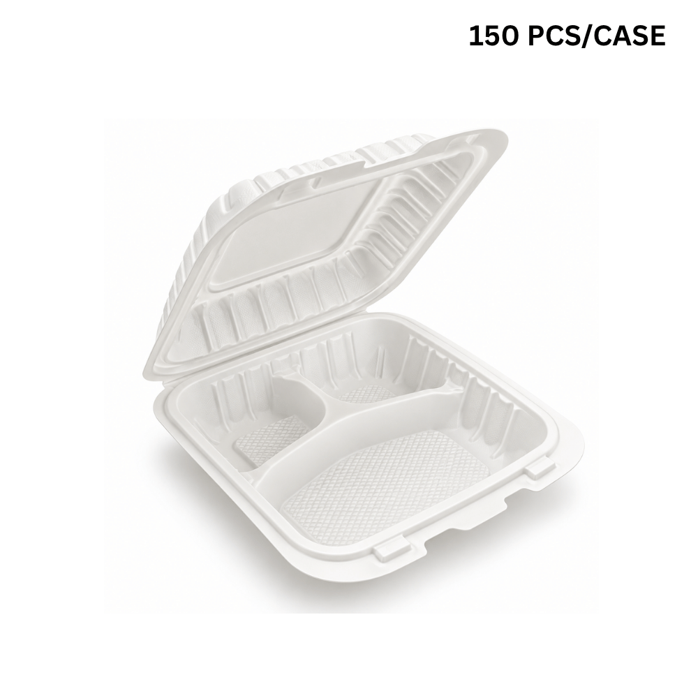 YQ-73 (703) | PP Clamshell Container W/ Vent Hole | 3 Compartment | 7.68x7.68x3" (150 Pcs/Case)