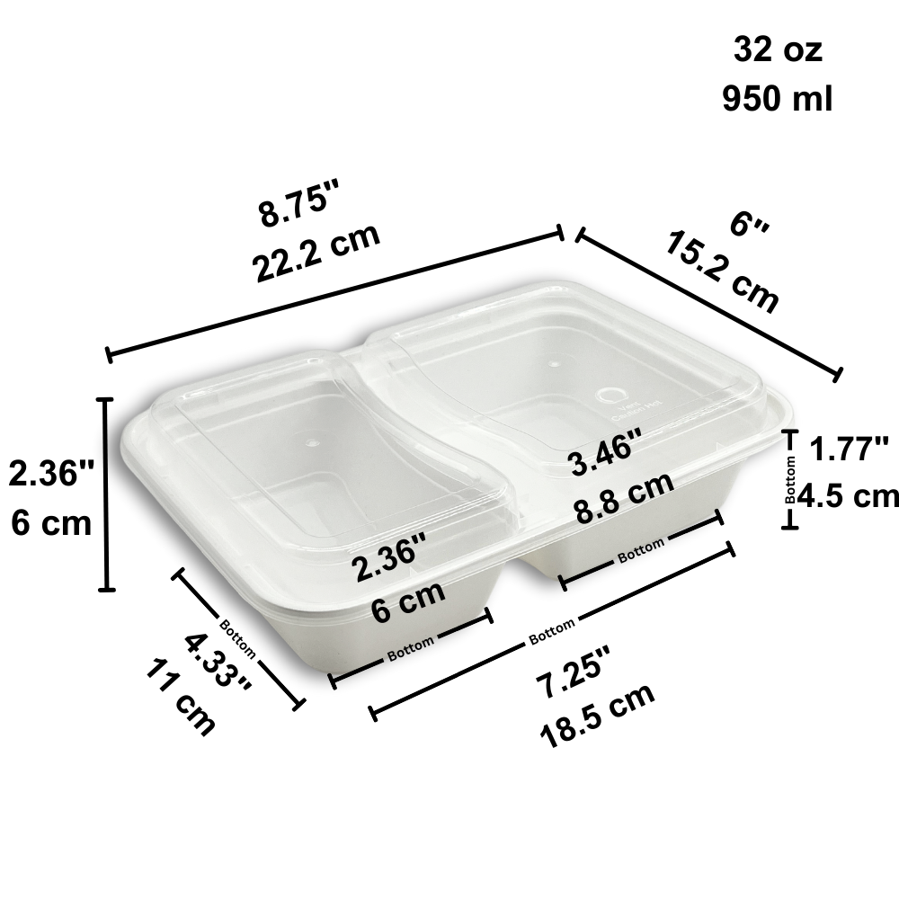 ZS-96232 | 32oz PP White Rectangular Container W/ Vented Lid | 2 Compartment - size