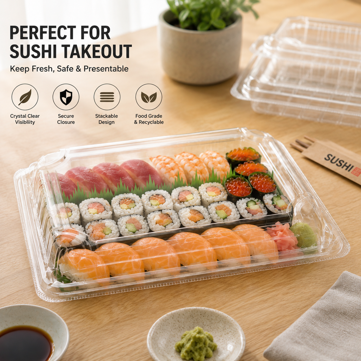 #1107 PET | Clear Sushi Tray W/ Lid | 8.54x5.24x1.65"