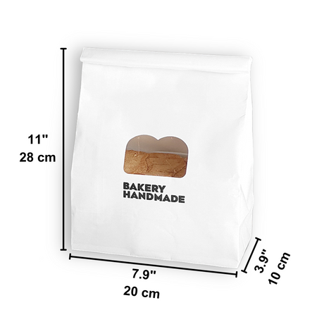 White Paper Bread Bag W/ Window & Tin Tie Tab Lock | 7.9x3.9x11" - size