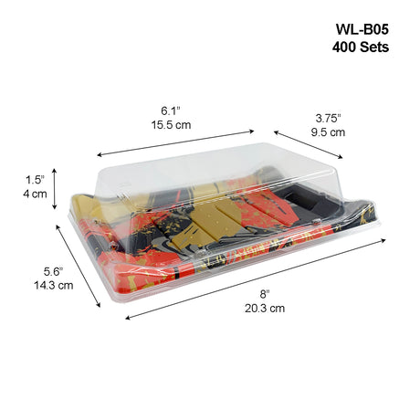 WL-B05 | Golden Red Sushi Tray W/ Clear Lid | 8x5.6x1.5"